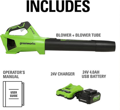 Greenworks 24V (110 MPH / 450 CFM / 125+ Compatible Tools) Cordless Brushless Axial Leaf Blower, 4.0Ah Battery and Charger Included