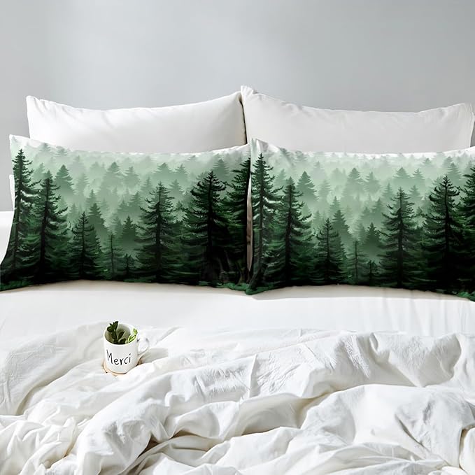 Feelyou Fog Forest Comforter Botanical Pine Trees Comforter Set for Boys Girls Children Watercolor Style Green Comforter Set Room Decor Queen Size Duvet Set 3Pcs