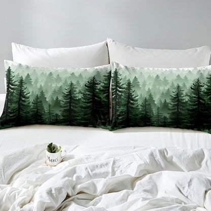 Feelyou Fog Forest Comforter Botanical Pine Trees Comforter Set for Boys Girls Children Watercolor Style Green Comforter Set Room Decor Queen Size Duvet Set 3Pcs