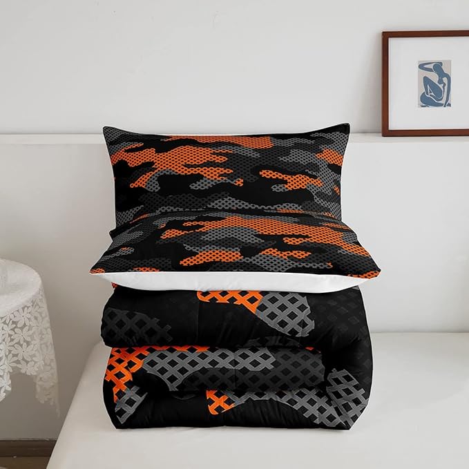 Erosebridal Army Camouflage Comforter Set Full Size Teens Adult Camo Bedding Set for Kids Boys Girls Colorful Pattern Decor Down Comforter Orange Black Grey Duvet Set Geometric Pattern Quilt Set