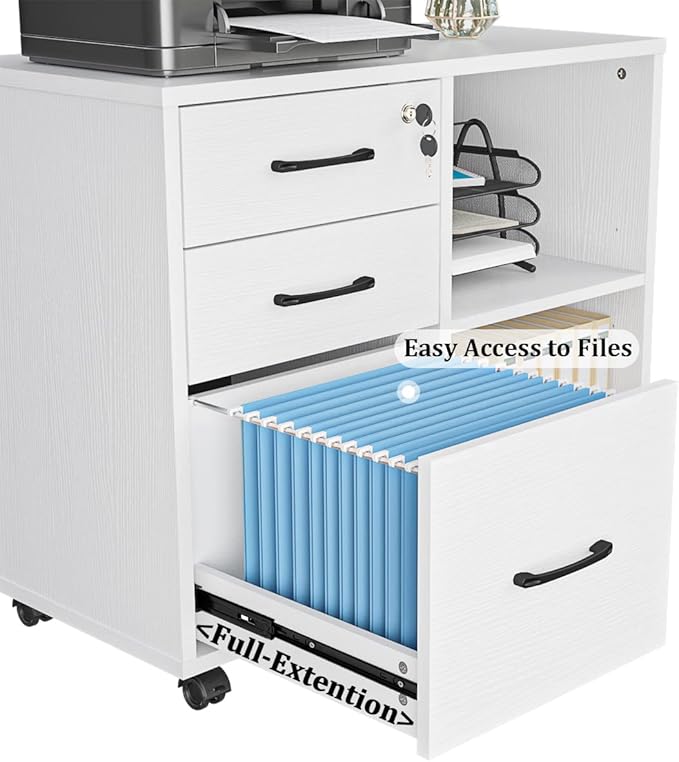 3 Drawer File Cabinets, Mobile Lateral Printer Stand with Open Shelf, Rolling Filing Cabinet with Wheels Home Office Organization and Storage (White)