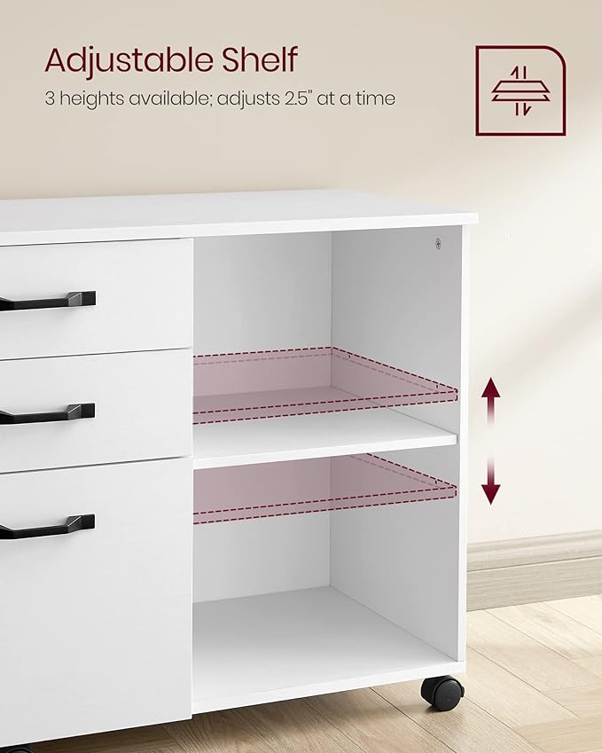 VASAGLE Lateral File Cabinet, Home Office Printer Stand, with 3 Drawers and Open Storage Shelves, for A4, Letter-Size Documents, White, 15.7”D x 31.5”W x 26”H
