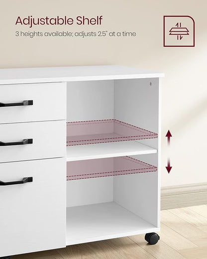 VASAGLE Lateral File Cabinet, Home Office Printer Stand, with 3 Drawers and Open Storage Shelves, for A4, Letter-Size Documents, White, 15.7”D x 31.5”W x 26”H