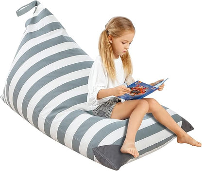 Aubliss Stuffed Animal Storage Bean Bag Chairs Cover, 50"x 35" Extra Large Bean Bags Chair for Kids Adults, Beanbag Toy Storage for Boys Girls - Premium Cotton Canvas Grey Stripe