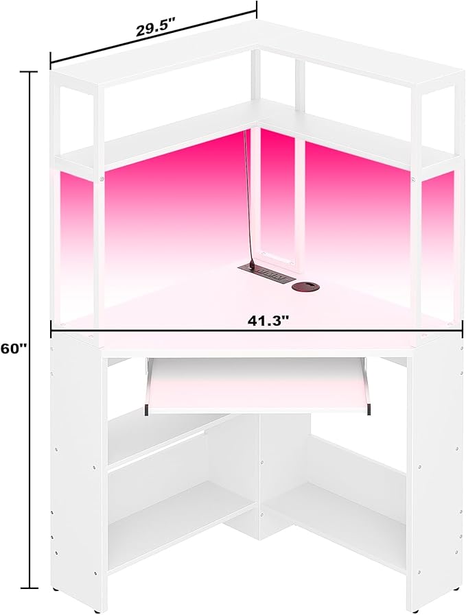 Cyclysio Small Corner Desk with Hutch, Heavy Duty Corner Computer Desk with Power Outlets & LED Light, Triangle Corner Gaming Desk with Keyboard Tray for Home Office, Small Space, Workstation White