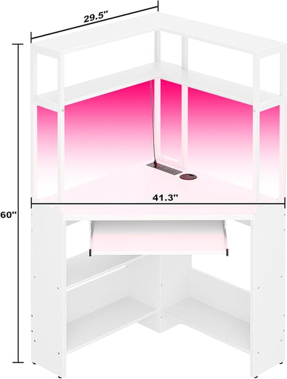 Cyclysio Small Corner Desk with Hutch, Heavy Duty Corner Computer Desk with Power Outlets & LED Light, Triangle Corner Gaming Desk with Keyboard Tray for Home Office, Small Space, Workstation White