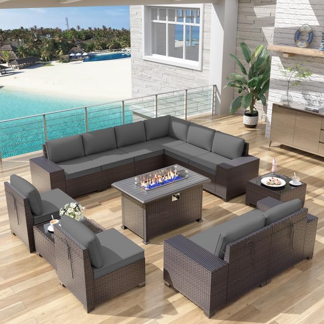 Patio Furniture Sectional Sofa Set 13-Pieces PE Rattan Patio Conversation Set w/43in Gas Fire Pit Table, Outdoor Furniture with 55000 BTU Propane Fire Pit, Grey