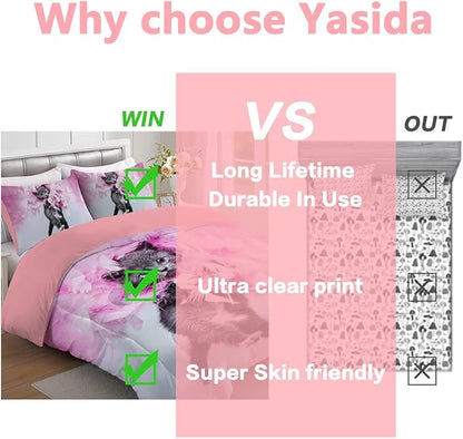 Cat Comforter Set Queen Size for Kids Pink Feathers Black Cat 3Pcs Bedding Set for boys and Girls (1Summer Comforter+ 2 Pillowcases) Lovely Animal Pets Duvet Set