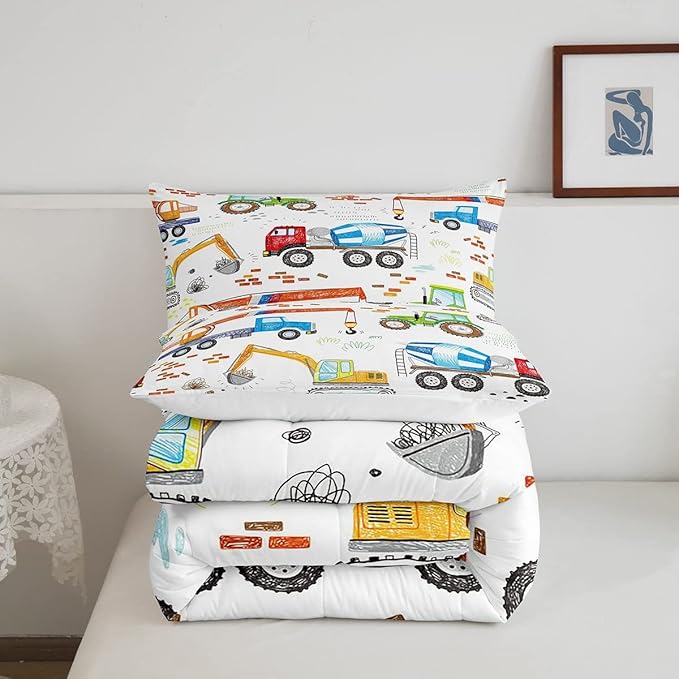 Boys Excavator Bedding Set Construction Vehicles Comforter Set for Kids Girls Watercolor Tractor Crane Truck Comforter Colorful Design Quilt Room 3Pcs Full Size Boys