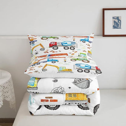 Feelyou Boys Excavator Bedding Set Construction Vehicles Comforter Set for Kids Girls Watercolor Tractor Crane Truck Comforter Colorful Design Quilt Set Room 3Pcs Queen Size