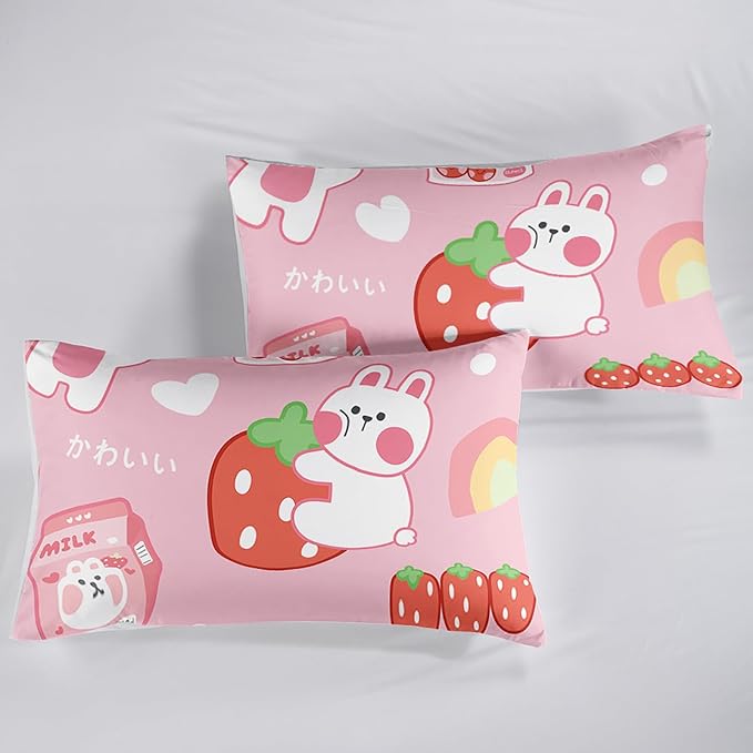 Strawberry Rabbit Comforter Set for Kids Teens Girls Women,Pink Bunny Kids Comforter,1 Comforter with 2 Pillowcase, Microfiber 3 Piece Bedding Set,for All Seasons(Pink，King Size)