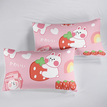 Strawberry Rabbit Comforter Set for Kids Teens Girls Women,Pink Bunny Kids Comforter,1 Comforter with 2 Pillowcase, Microfiber 3 Piece Bedding Set,for All Seasons(Pink，Queen Size)