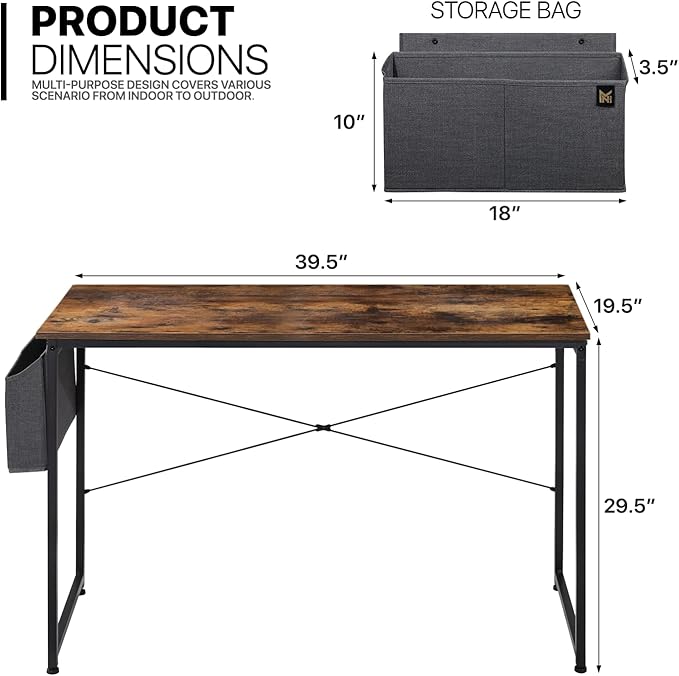 MoNiBloom Home Office Gaming Desk, 40 Inches Computer Study Table with A Storage Bag, Rustic Brown