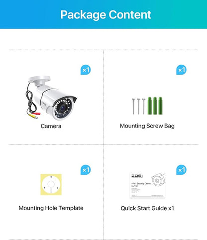 ZOSI 2MP 1080p Security Camera,4-in-1 TVI/CVI/AHD/CVBS Surveillance Bullet Camera Indoor Outdoor,Night Vision,Work for 960H,720P,1080P analog CCTV DVR