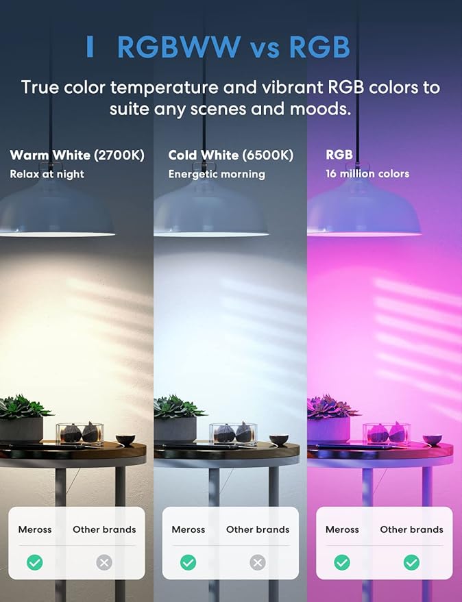 meross Smart Light Bulb, Smart WiFi LED Bulbs Compatible with Apple HomeKit, Siri, Alexa, Google Assistant and SmartThings, Dimmable E26 Multicolor 2700K-6500K RGB, 810 Lumens 60W Equivalent