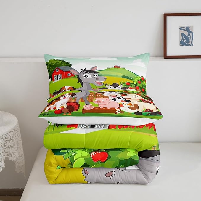 Cute Farm Animals Bedding Set Kids Cartoon Pig Dog Cow Horse Comforter Set for Boys Girls Teens Nature Country Style Comforter Farmhouse Rustic Duvet Set Colorful Bedroom Decor Quilt Set Queen Size