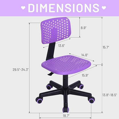 Desk Chair Armless Cute Office Chair, Low Back Rolling Home Office Task Chair Adjustable Swivel Study Chair for Girls Teens Adults Children Kids, Purple