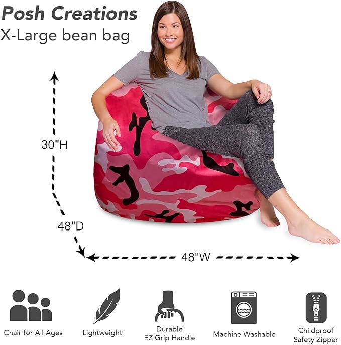 Posh Creations Bean Bag Chair for Kids, Teens, and Adults Includes Removable and Machine Washable Cover, Soft Nylon - Camo Pink and Black, 48in - X-Large