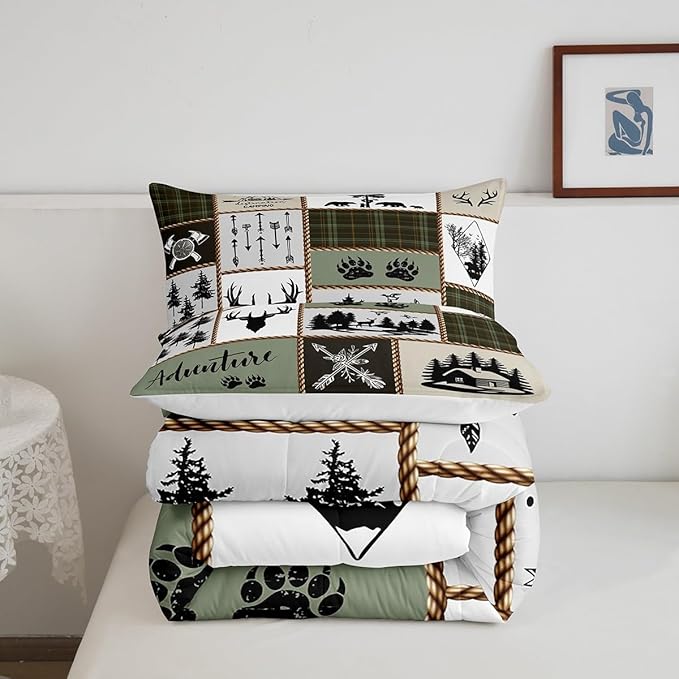 Rustic Farmhouse Kids Comforter Set Full Size,Deer Antlers Bear Paws Plaids Patchwork Bedding Set for Boys Girls Adults Room Decor,Pine Trees Arrows Down Comforter,Retro Duvet Insert,2 Pillowcases
