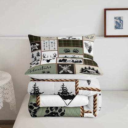 Rustic Farmhouse Kids Comforter Set Full Size,Deer Antlers Bear Paws Plaids Patchwork Bedding Set for Boys Girls Adults Room Decor,Pine Trees Arrows Down Comforter,Retro Duvet Insert,2 Pillowcases