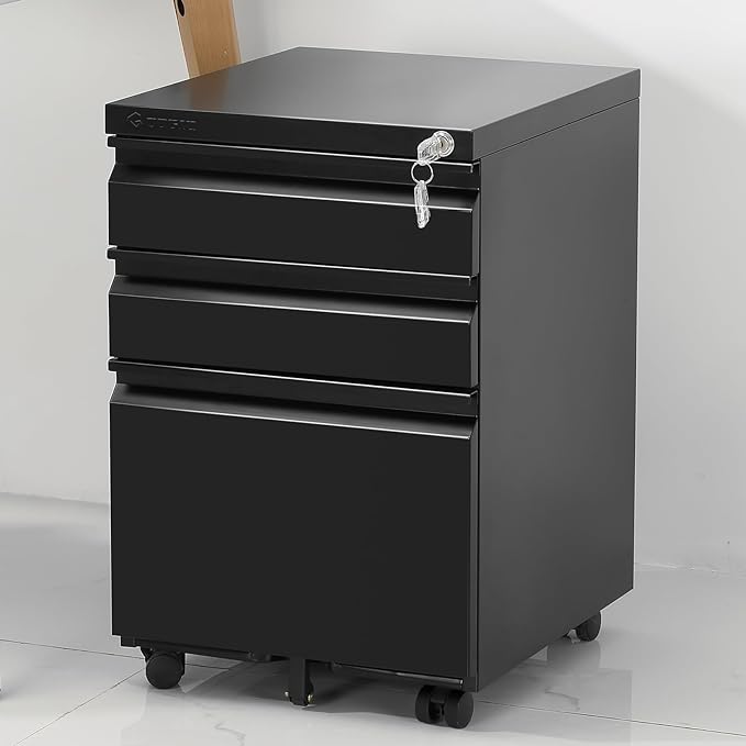 3-Drawer Mobile File Cabinets Rolling Metal Filing Cabinet for Legal & Letter File Anti-tilt Design with Lock Under Desk Office Drawers Fully Assembled Except Casters Black