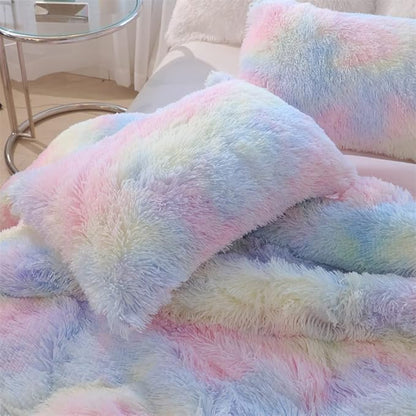 Faux Fur Kids Girls Sunshine Rainbow Comforter Sets Twin/Full - 3PC Bed Set Warm Comfortable Soft Plush Flannel Velvet Fluffy Fuzzy Bedding（Comforter x 1 Pillowcases x 2）