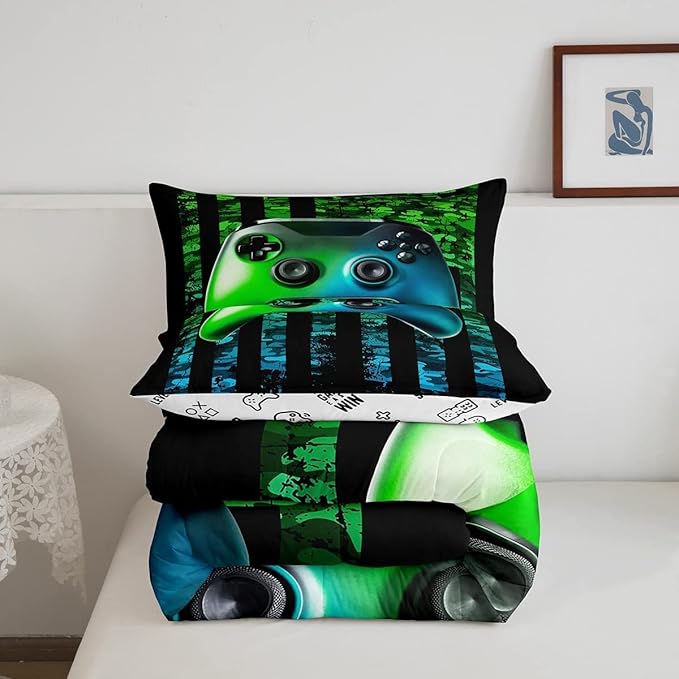 Gamer Comforter Set King Kids Boys Teens USA Flag Stars Down Comforter Gaming Comforter Gamer Room Decor Camo Video Game Bedding Set, Gamepad Console Duvet, Youth Young Man Quilt, Grunge Style