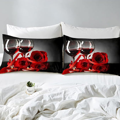 Rose Wine Glass Comforter Set for Girls Red Black Rose Bedding Set Queen Size Floral Blossom Quilt Set Banquet Flower Romantic Valentine's Day Duvet Set, Women Men Adult Grey Comforter Set