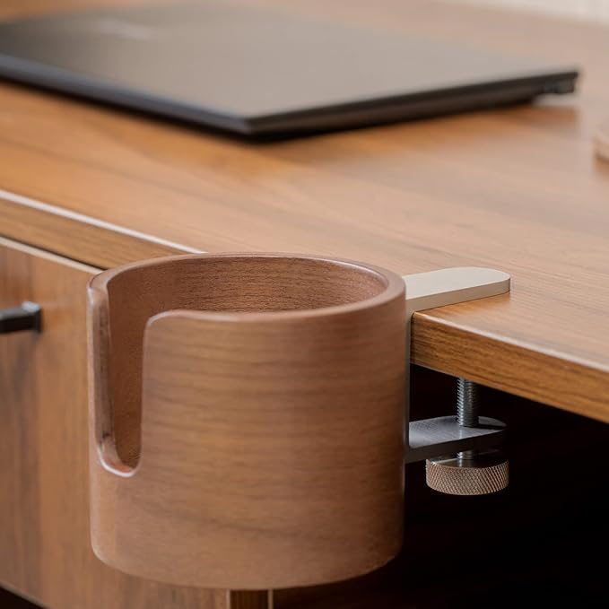 urbanplus Desk Cup Holder, Anti-Spill Walnut Wood Cup Holder for Desk with Aluminium Clamp, Office Desk Accessories, Gaming Desk Accessories, Computer Desk Accessories