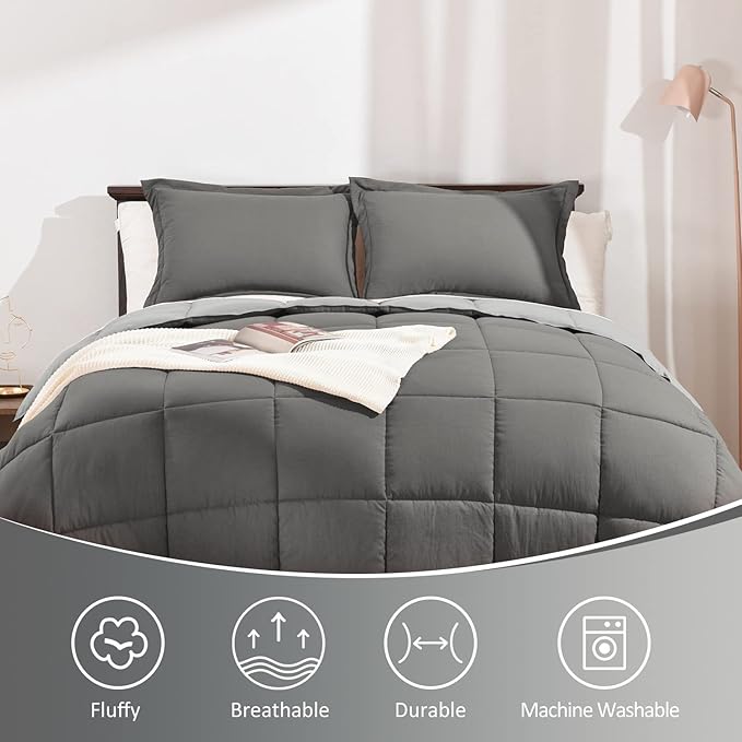 Basic Beyond Twin Comforter Set for Girls and Boys - Fluffy Twin Bed Comforter Set for All Seasons - Reversible Dark Grey Comforter Set - 2 Pieces (1 Comforter + 1 Pillow Sham) - Dark Gray/Grey