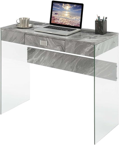 Convenience Concepts SoHo 1 Drawer Glass 36 inch Desk, Gray Faux Marble/Glass