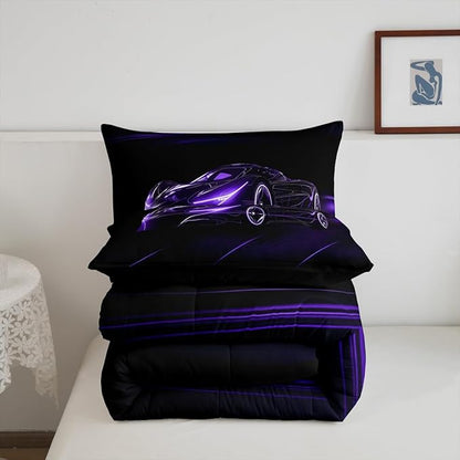 Feelyou Dull Purple Race Car Bedding Set Twin Size for Kids Boys Extreme Sport Games Comforter Set Teens Toddler Fast and Furious Duvet Set Cool Modern Quilt Set 2Pcs