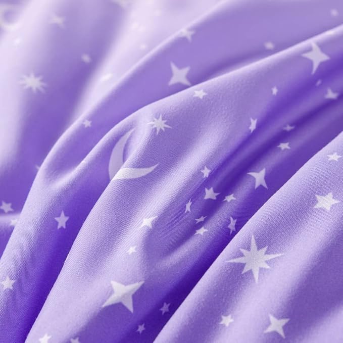 URBONUR Girls Comforter Set Queen 6PCS Gradient Purple Orange Glitter Moon Star Printed Bed in a Bag Soft Breathable Bedding Set for All Season (Star, Queen Size)