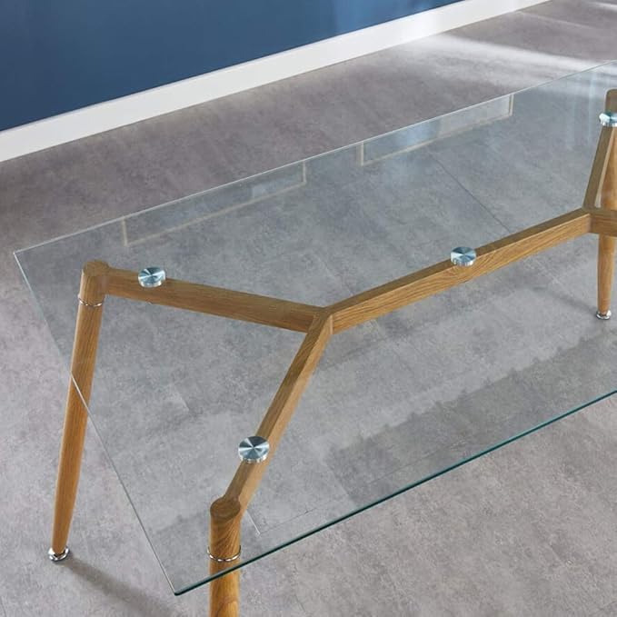 IDS Home Office Furniture Contemporary Computer Desk, 0.31” inch Tempered Transparent Glass Tabletop Writing Table (Metal Leg(Wooden Skin))