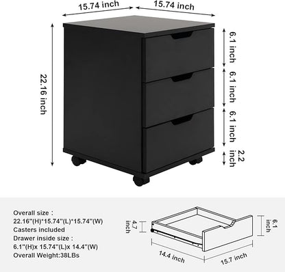 Farini 3-Drawer Vertical Filing Cabinet Rolling Wood Mobile File Cabinets Under Desk for Home Office with Casters (Black, Non-Assembled)