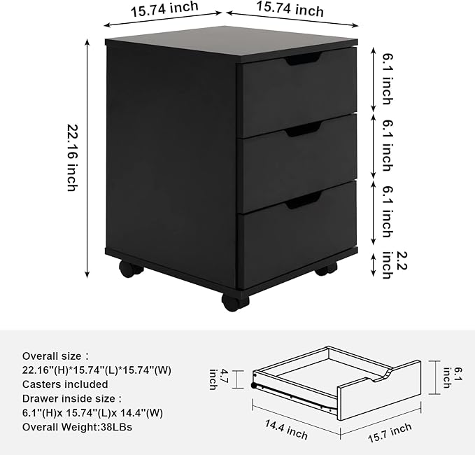 Farini 3-Drawer Vertical Filing Cabinet Rolling Wood Mobile File Cabinets Under Desk for Home Office with Casters (Black, Fully Assembled)