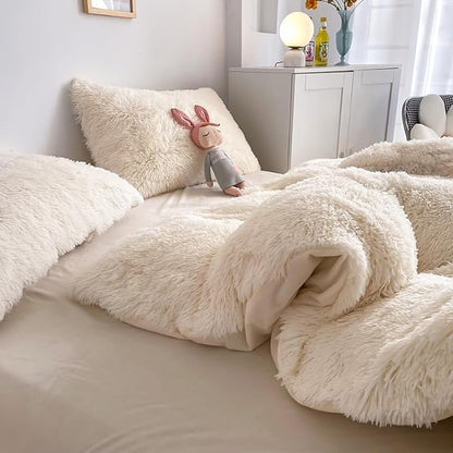 Faux Fur Kids Girls Milky White Comforter Sets Twin/Full - 3PC Bed Set Warm Comfortable Soft Plush Flannel Velvet Fluffy Fuzzy Bedding（Comforter x 1 Pillowcases x 2）