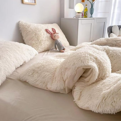 Faux Fur Kids Girls Milky White Comforter Sets Queen - 3PC Bed Set Warm Comfortable Soft Plush Flannel Velvet Fluffy Fuzzy Bedding（Comforter x 1 Pillowcases x 2）