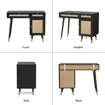 Anmytek Rattan Vanity Desk with Drawers and Storage, Black Makeup Vanity Table Modern Home Office Desk Computer Desk for Study D0005