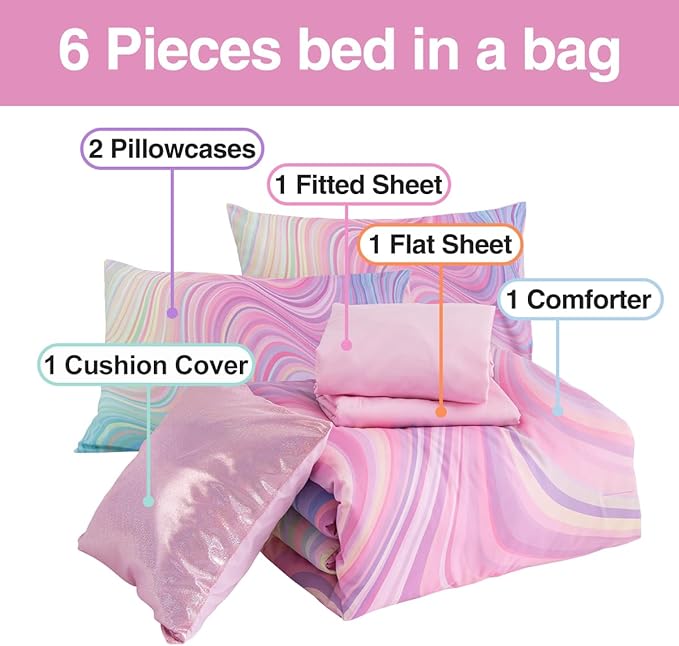 Btargot Super Soft 6 Pieces Gradient Wavy Line Comforter Set, Colorful Glitter Rainbow Star Pattern Bedding Set for Boys Girls Teens, Twin Pink Green