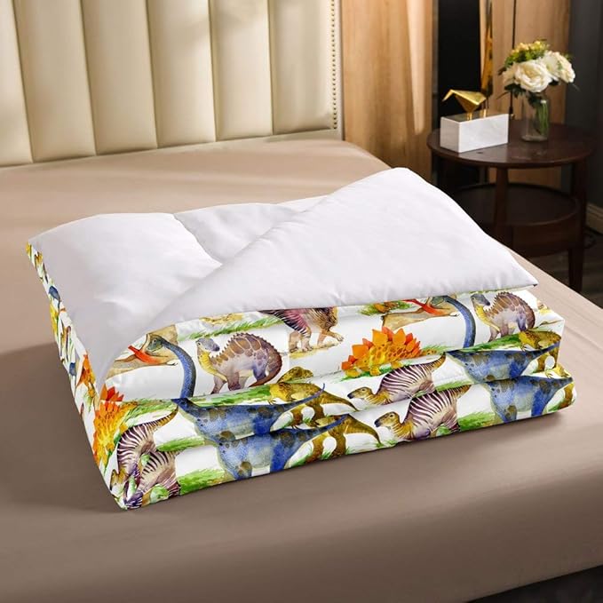 Erosebridal Dinosaur Comforter Set Kawaii Dino Bedding Set for Kids Girls Boys Teens Bedroom Decor, Retro Animal Duvet Insert Watercolor Wildlife Soft Microfiber Quilt with 2 Pillow Cases, Queen