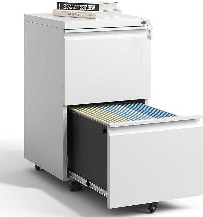 2 Drawer Mobile File Cabinet with Lock,Under Desk Metal Filing Cabinet for Home Office, Metal Small Rolling File Cabinet with 2 Keys for Legal/Letter/A4 Size Fully Assembled Except Wheels (White)