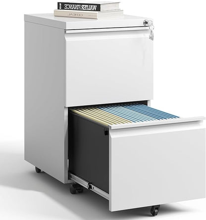 2 Drawer Mobile File Cabinet with Lock,Under Desk Metal Filing Cabinet for Home Office, Metal Small Rolling File Cabinet with 2 Keys for Legal/Letter/A4 Size Fully Assembled Except Wheels (White)