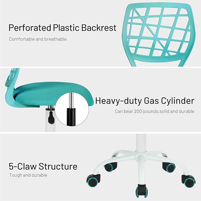 FurnitureR Kids Desk Chair, Armless Office Chair Small Adjsutable Swivel Task Chair with Soft Cushion for Study Kids Teens Child, Turquoise