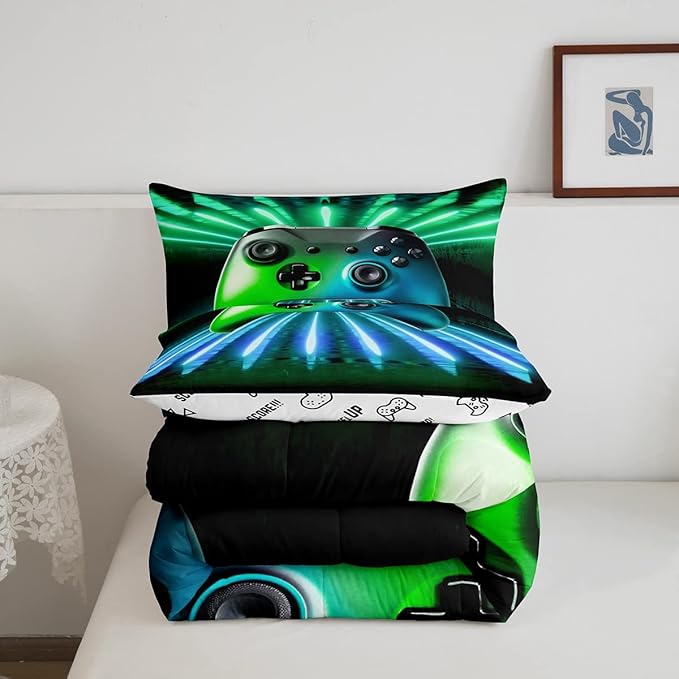 Erosebridal Green Blue Gamepad Comforter Set, Game Player Bedding Set Twin Size Modern Gamer Gaming Quilted Duvet Neon Trippy Duvet Set for Kids Boys Girls Teens Young Man Room Decorative