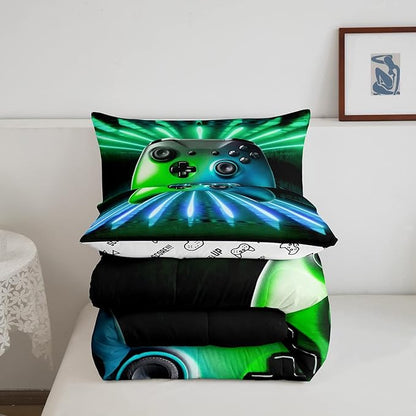 Erosebridal Green Blue Gamepad Comforter Set, Game Player Bedding Set Twin Size Modern Gamer Gaming Quilted Duvet Neon Trippy Duvet Set for Kids Boys Girls Teens Young Man Room Decorative