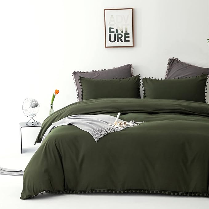 Army Green Comforter Full Dark Green Pom Green Comforter 3 PCs Soft Olive Green Boho Ball Pom Fringe Full Comforter Bedding Set Women Solid Dark Green Full Bed Comforter All Season