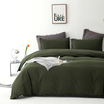 Army Green Comforter Cal King Dark Green Pom Green Comforter 3 PCs Soft Olive Green Boho Ball Pom Fringe California King Comforter Bedding Set Women Solid Dark Green Bed Comforter All Season