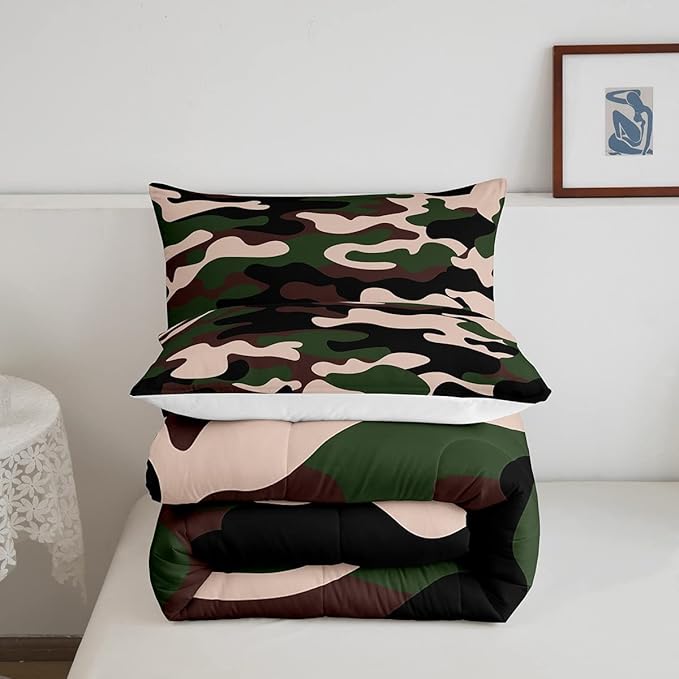 Queen Size Camouflage Comforter Set 3Pcs Kids Bedding Set for Boys Girls Teens 1 Comforter & 2 Pillowcases(Queen,Army Green) Boys