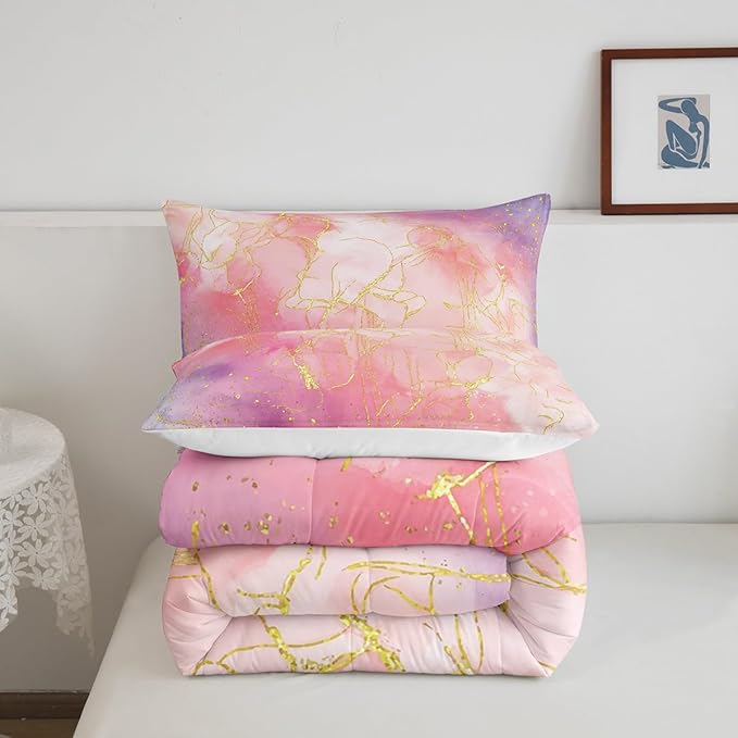 Pink Marble Bedding Comforter Sets Full Size, Tie Dye Marble Decor Comforter Set for Boys Girls Women Bedroom, Gold Bronzing Marble Bedding Pink Purple Modern Abstract Quilt with 2 Pillowcases